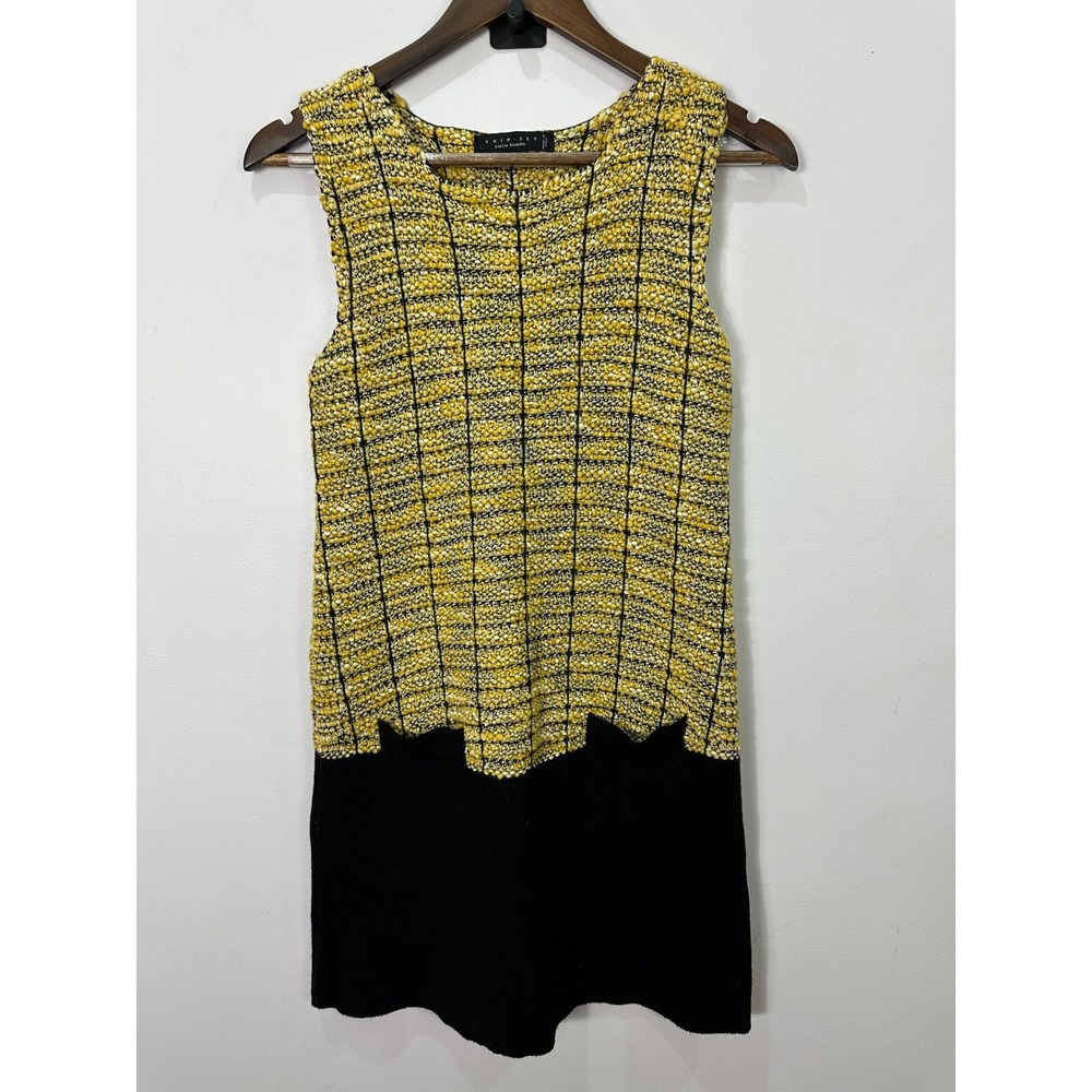 Twin-Set Simona Barbieri Knit Dress Womens S Yellow Black Boucle Plaid Italy